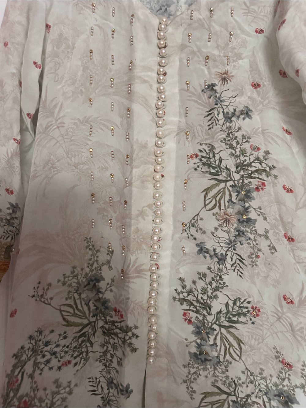 Cream Floral Maxi Dress with Pearl-Accent Front - Picture 2 of 5